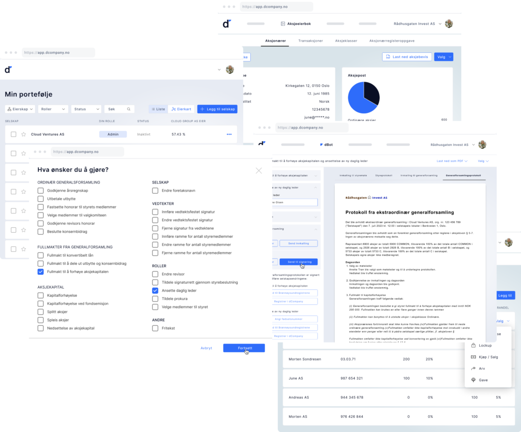 En bildekarusell med fire illustrasjoner av den digital plattformen dCompany der styre, ledelse og aksjonærer får oversikt over selskapets aksjonærer, porteføljen sin, aksjeposter samt en visning av dBot, dCompanys dokumentrobot som automatiserer de mest komplekse selskapshendelser.