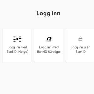 Login page with options for Norwegian or Swedish BankID, as well as an option for no BankID with username and password