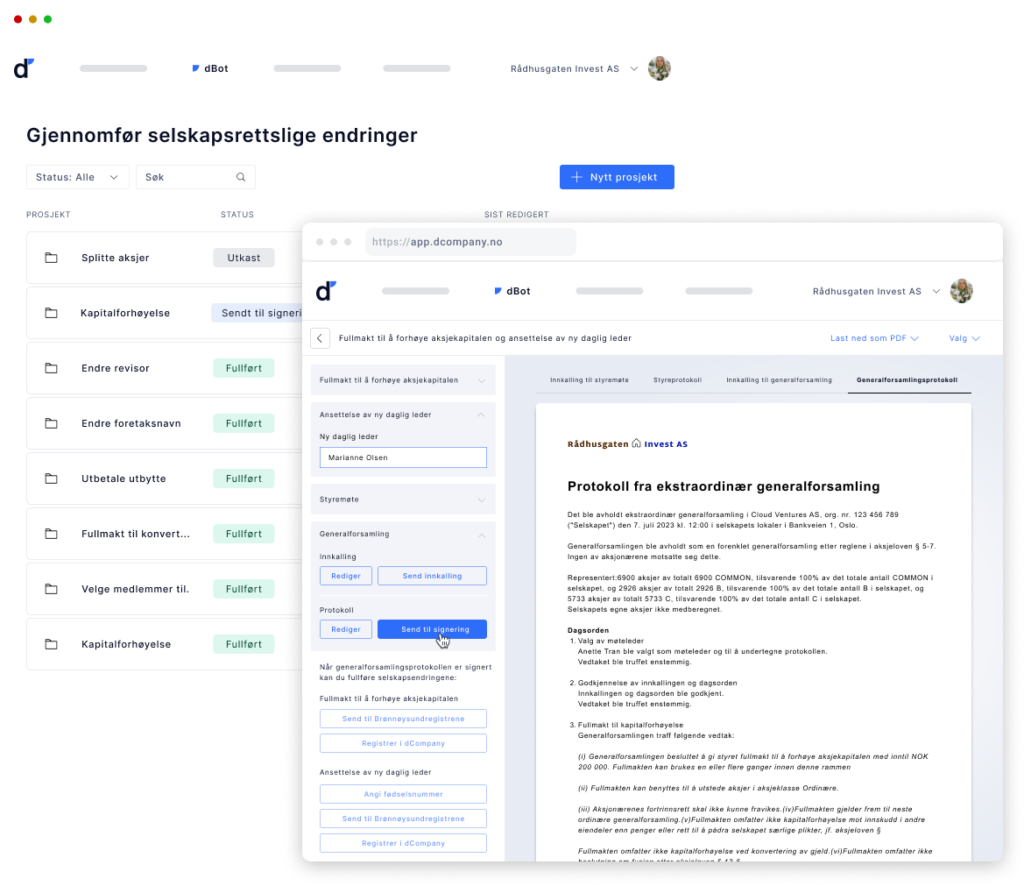 dCompany's dBot automates the documentation needed at several company events; here are the minutes from the extraordinary general meeting which adopted authorization to increase the share capital and the appointment of a new general manager.