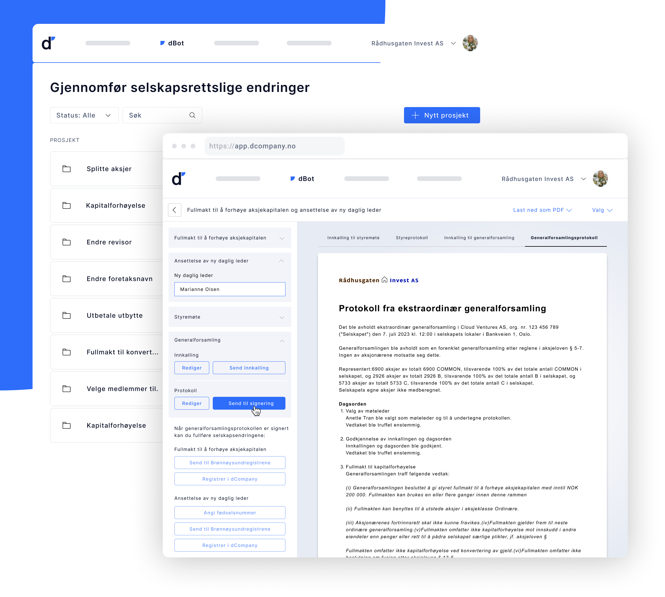 dCompany's dBot automates the documentation needed at several company events; here are the minutes from the extraordinary general meeting which adopted authorization to increase the share capital and appoint a new general manager.