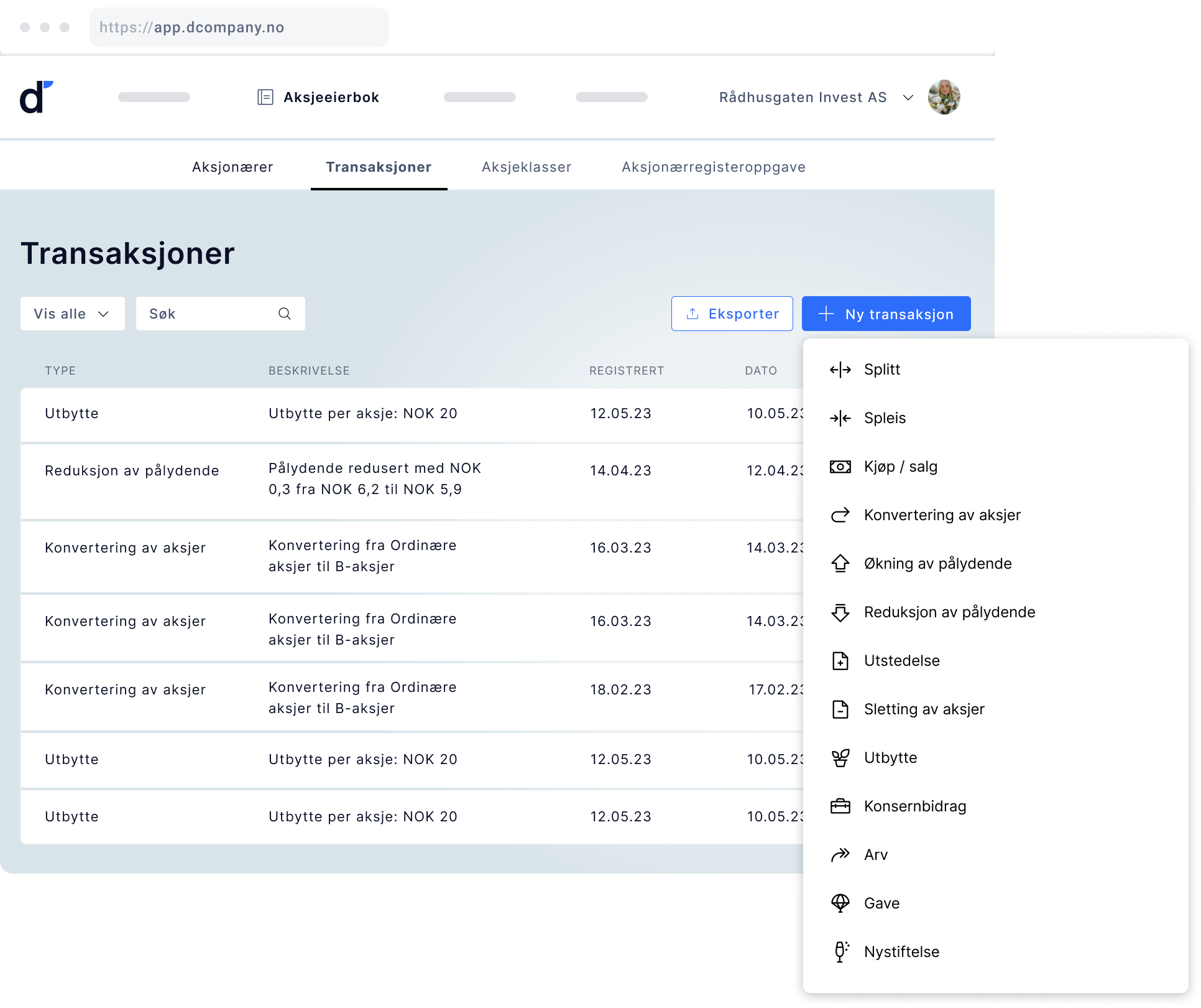 Transaksjonslogg i dCompany gir oversikt over alle historiske transaksjoner samt valg for å registrere nye transaksjoner i en rekke kategorier.