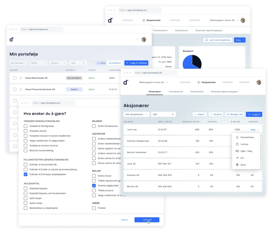 En bildekarusell med fire illustrasjoner av den digital plattformen dCompany der styre, ledelse og aksjonærer får oversikt over selskapets aksjonærer, porteføljen sin, aksjeposter samt en visning av dBot, dCompanys dokumentrobot som automatiserer de mest komplekse selskapshendelser.