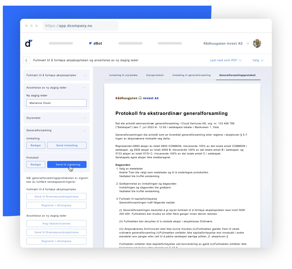 dCompanys dBot automatiserer dokumentasjonen som trengs ved flere selskapshendelser; her vises prokotoll fra ekstraordinær generalforsamling som vedtok fullmakt til å forhøye aksjekapital og ansettelse av ny daglig leder.