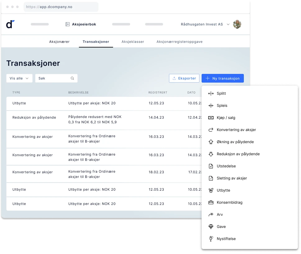 Transaksjonsloggen i dCompany gir oversikt over alle historiske transaksjoner samt valg for å registrere nye transaksjoner i en rekke kategorier.