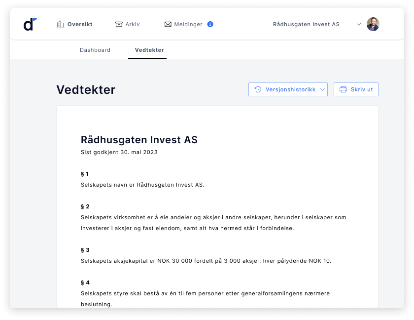 Digital overview of the company's articles of association